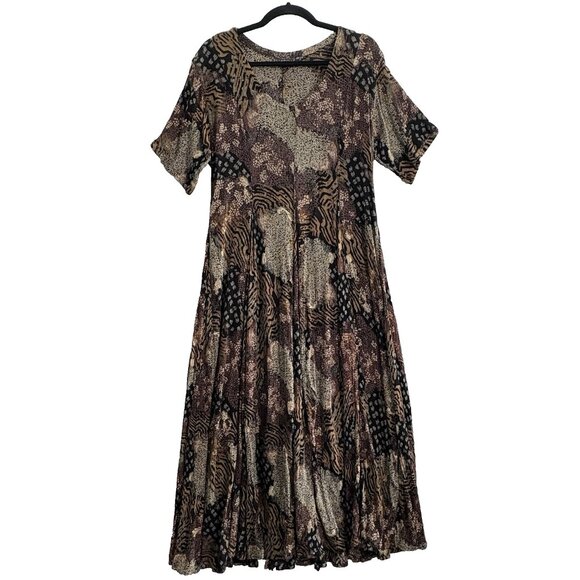 Vtg STARINA Women 90s Maxi Dress Sz M Brown Cottagecore Flowy Short Sleeve 75-19 - Picture 1 of 8